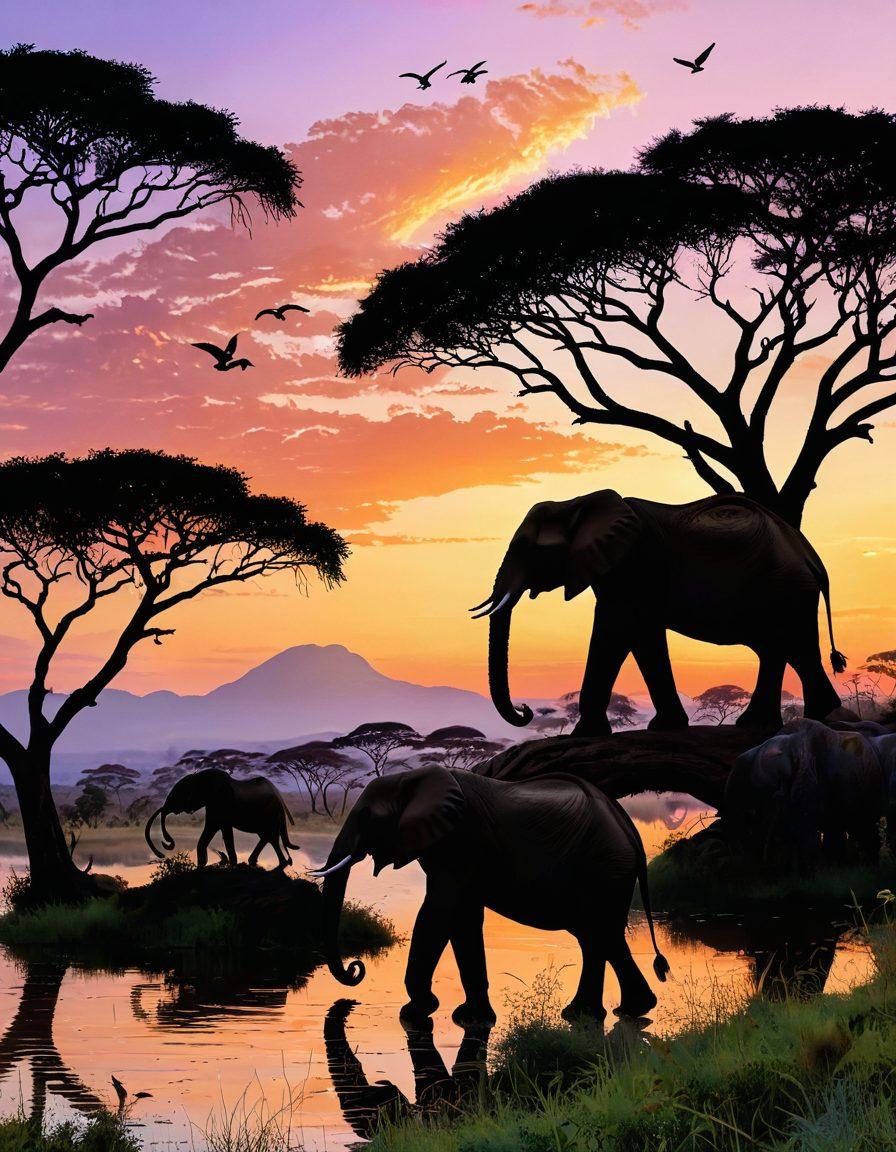 A stunning sunset over a vibrant African landscape showcasing an iconic national park, with silhouetted elephants and a group of ecotourists engaging with nature responsibly. Include rich flora and fauna, emphasizing the balance between tourism and conservation. The warm colors of the sunset enhance the natural beauty while depicting a sense of harmony. vivid colors. realistic details. painting.