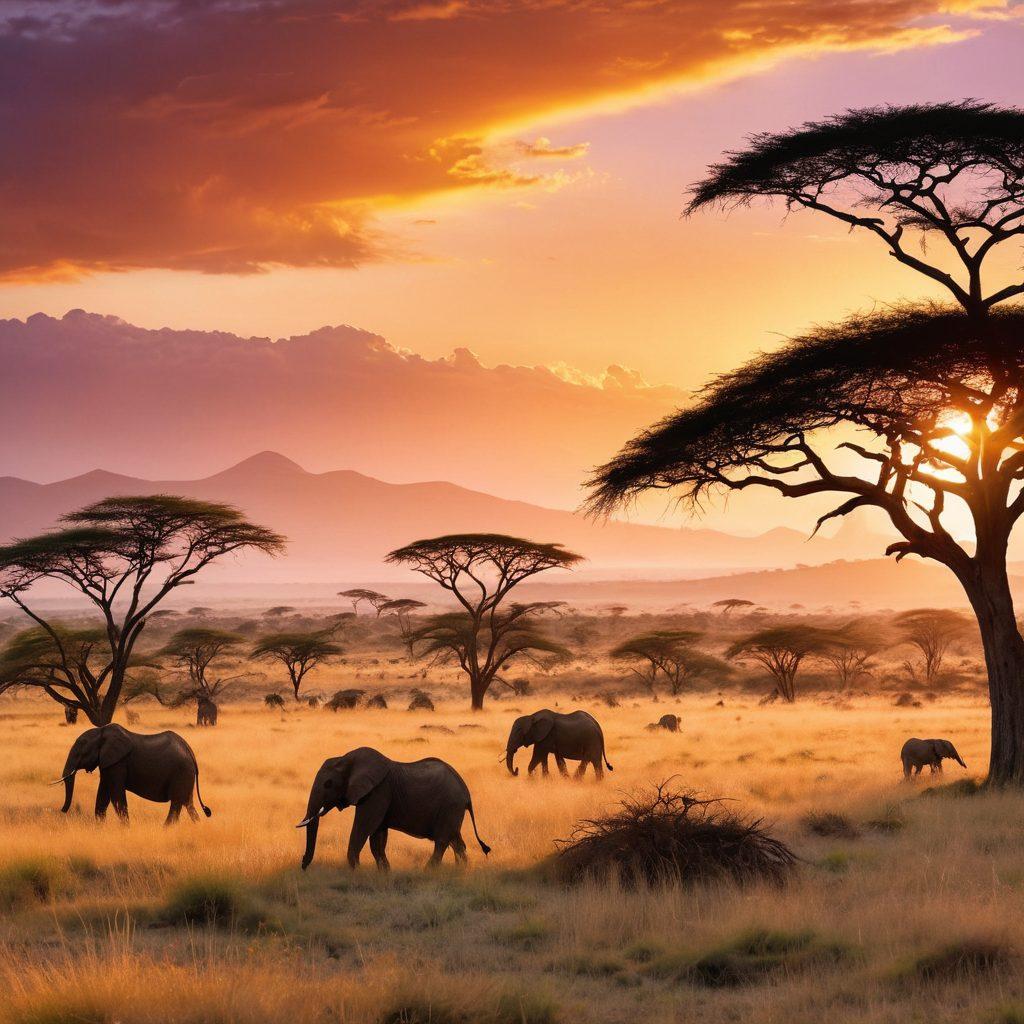 A breathtaking panorama of the Serengeti at sunset, showcasing a diverse array of wildlife including elephants, lions, and giraffes against a backdrop of acacia trees and golden grasslands. Highlight the contrasts of vibrant colors in the sky and earth, while subtle hints of conservation efforts like a ranger or wildlife sign can be integrated in the foreground. The atmosphere should evoke a sense of adventure and respect for nature. super-realistic. vibrant colors. sunset backdrop.